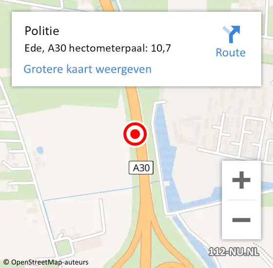 Locatie op kaart van de 112 melding: Politie Ede, A30 hectometerpaal: 10,7 op 11 december 2024 19:04