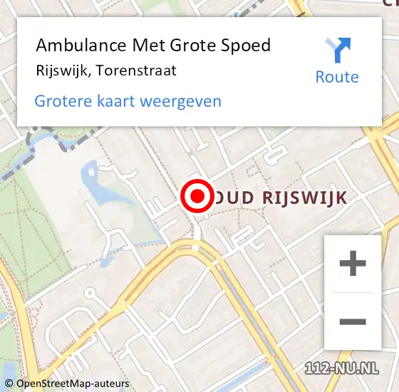 Locatie op kaart van de 112 melding: Ambulance Met Grote Spoed Naar Rijswijk, Torenstraat op 11 december 2024 19:37