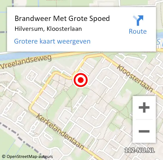 Locatie op kaart van de 112 melding: Brandweer Met Grote Spoed Naar Hilversum, Kloosterlaan op 11 december 2024 19:51