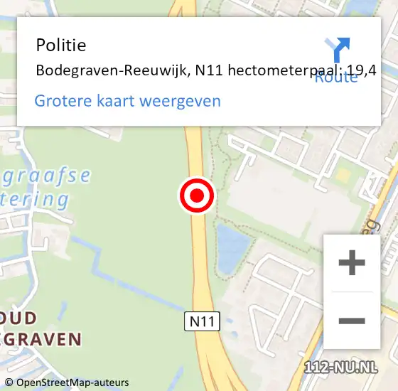 Locatie op kaart van de 112 melding: Politie Bodegraven-Reeuwijk, N11 hectometerpaal: 19,4 op 11 december 2024 20:36