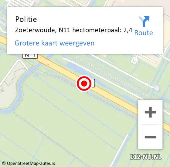 Locatie op kaart van de 112 melding: Politie Zoeterwoude, N11 hectometerpaal: 2,4 op 11 december 2024 21:29