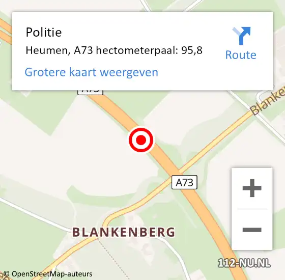 Locatie op kaart van de 112 melding: Politie Heumen, A73 hectometerpaal: 95,8 op 12 december 2024 03:14