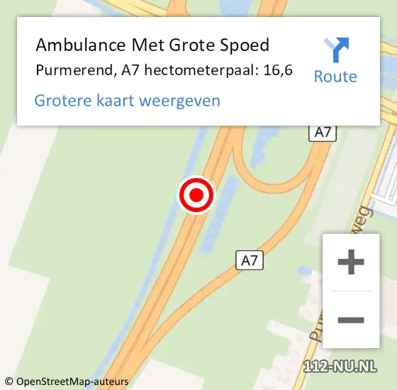 Locatie op kaart van de 112 melding: Ambulance Met Grote Spoed Naar Purmerend, A7 hectometerpaal: 16,6 op 12 december 2024 06:22