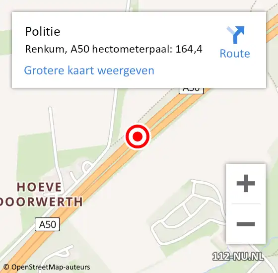 Locatie op kaart van de 112 melding: Politie Renkum, A50 hectometerpaal: 164,4 op 12 december 2024 06:34