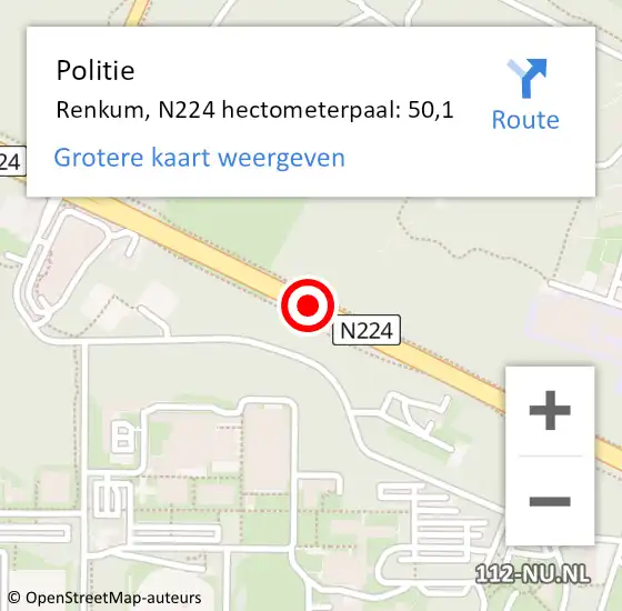 Locatie op kaart van de 112 melding: Politie Renkum, N224 hectometerpaal: 50,1 op 12 december 2024 07:26