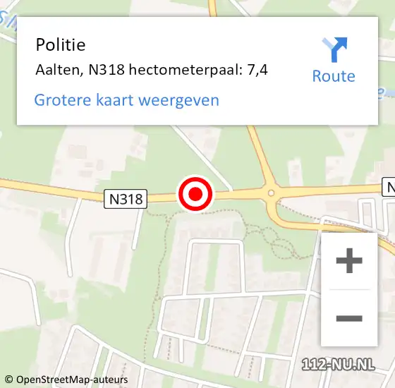 Locatie op kaart van de 112 melding: Politie Aalten, N318 hectometerpaal: 7,4 op 12 december 2024 07:30