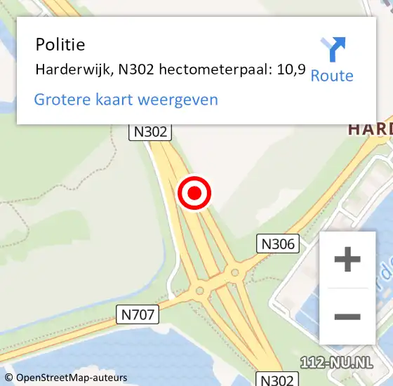 Locatie op kaart van de 112 melding: Politie Harderwijk, N302 hectometerpaal: 10,9 op 12 december 2024 08:00