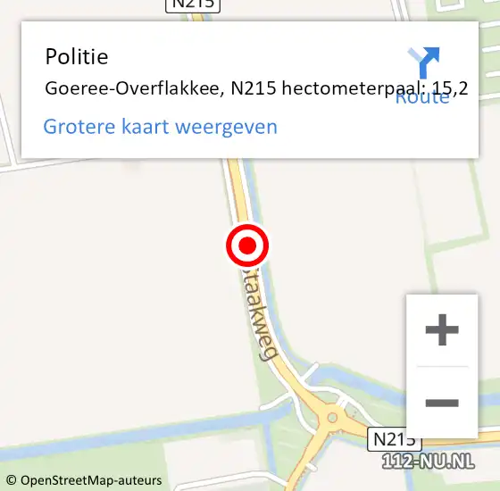 Locatie op kaart van de 112 melding: Politie Goeree-Overflakkee, N215 hectometerpaal: 15,2 op 12 december 2024 08:07