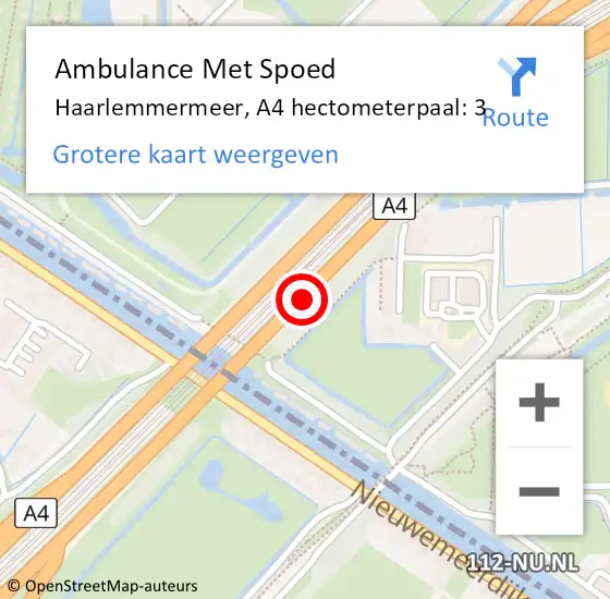 Locatie op kaart van de 112 melding: Ambulance Met Spoed Naar Haarlemmermeer, A4 hectometerpaal: 3 op 12 december 2024 08:14