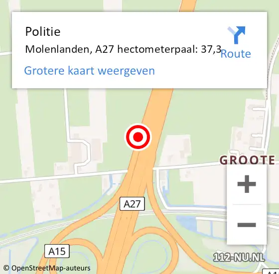 Locatie op kaart van de 112 melding: Politie Molenlanden, A27 hectometerpaal: 37,3 op 12 december 2024 08:14