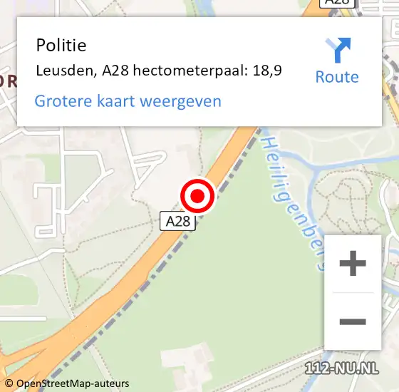 Locatie op kaart van de 112 melding: Politie Leusden, A28 hectometerpaal: 18,9 op 12 december 2024 08:18