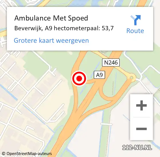 Locatie op kaart van de 112 melding: Ambulance Met Spoed Naar Beverwijk, A9 hectometerpaal: 53,7 op 12 december 2024 09:38