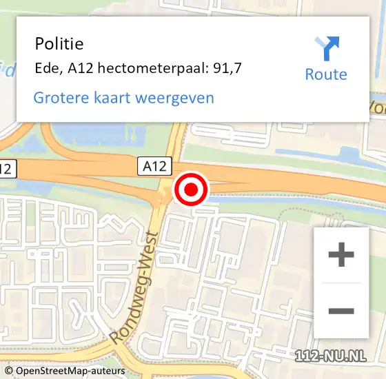 Locatie op kaart van de 112 melding: Politie Ede, A12 hectometerpaal: 91,7 op 12 december 2024 10:31