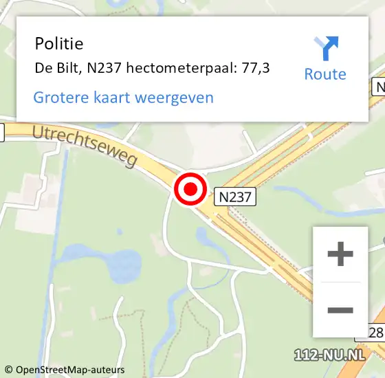 Locatie op kaart van de 112 melding: Politie De Bilt, N237 hectometerpaal: 77,3 op 12 december 2024 10:59