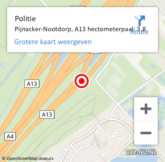 Locatie op kaart van de 112 melding: Politie Pijnacker-Nootdorp, A13 hectometerpaal: 3,8 op 12 december 2024 12:17