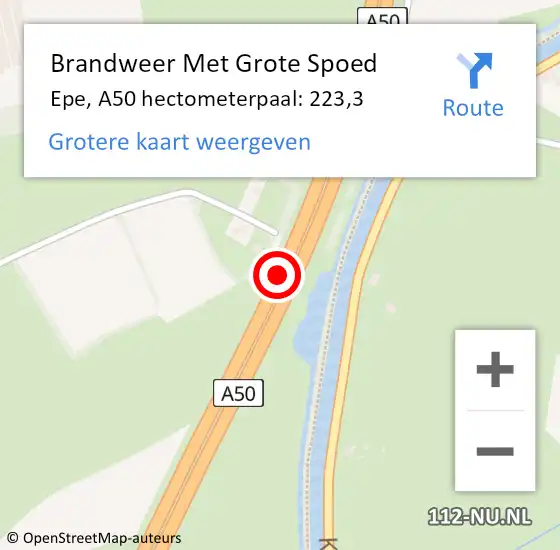 Locatie op kaart van de 112 melding: Brandweer Met Grote Spoed Naar Epe, A50 hectometerpaal: 223,3 op 12 december 2024 12:59