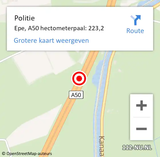 Locatie op kaart van de 112 melding: Politie Epe, A50 hectometerpaal: 223,2 op 12 december 2024 13:05