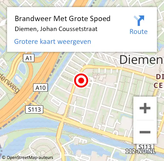 Locatie op kaart van de 112 melding: Brandweer Met Grote Spoed Naar Diemen, Johan Coussetstraat op 12 december 2024 13:33