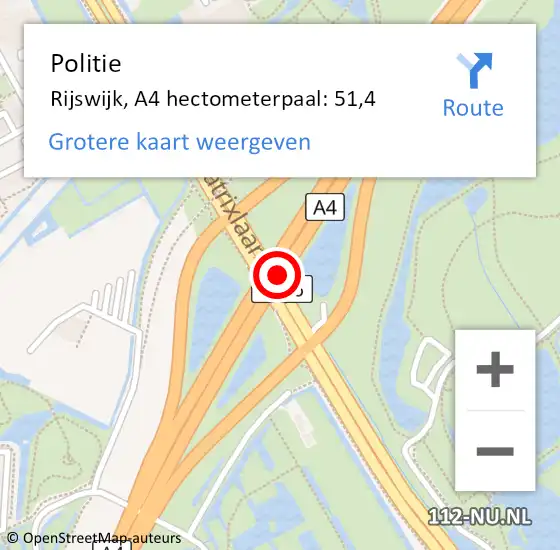 Locatie op kaart van de 112 melding: Politie Rijswijk, A4 hectometerpaal: 51,4 op 12 december 2024 13:47