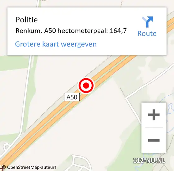 Locatie op kaart van de 112 melding: Politie Renkum, A50 hectometerpaal: 164,7 op 12 december 2024 14:58