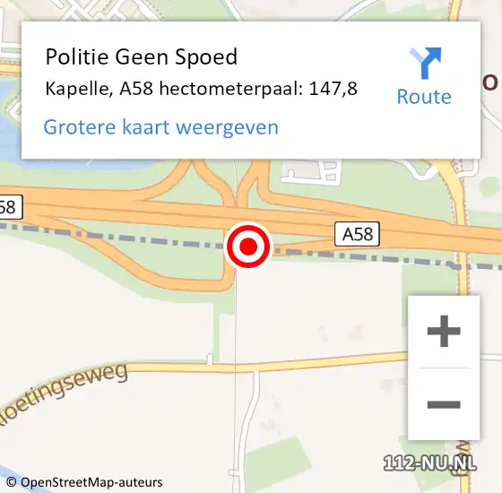 Locatie op kaart van de 112 melding: Politie Geen Spoed Naar Kapelle, A58 hectometerpaal: 147,8 op 12 december 2024 15:11