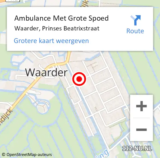 Locatie op kaart van de 112 melding: Ambulance Met Grote Spoed Naar Waarder, Prinses Beatrixstraat op 12 december 2024 17:08