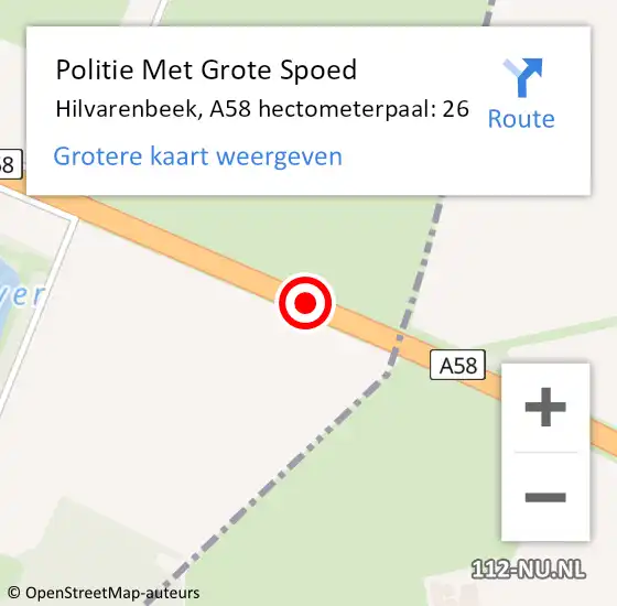 Locatie op kaart van de 112 melding: Politie Met Grote Spoed Naar Hilvarenbeek, A58 hectometerpaal: 26 op 12 december 2024 17:30