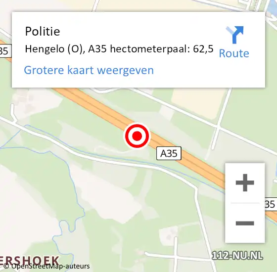 Locatie op kaart van de 112 melding: Politie Hengelo (O), A35 hectometerpaal: 62,5 op 12 december 2024 17:48