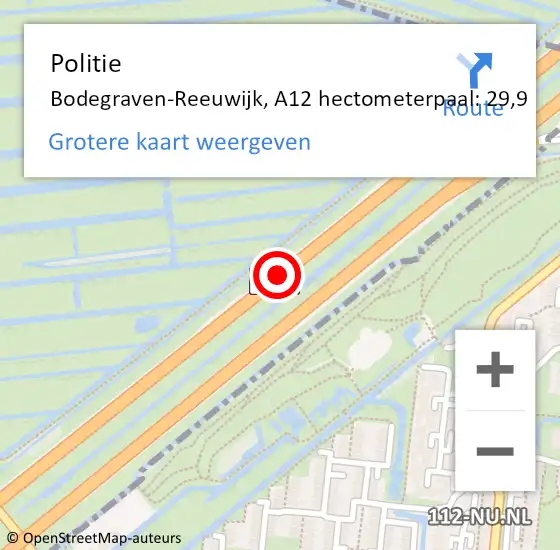 Locatie op kaart van de 112 melding: Politie Bodegraven-Reeuwijk, A12 hectometerpaal: 29,9 op 12 december 2024 19:45