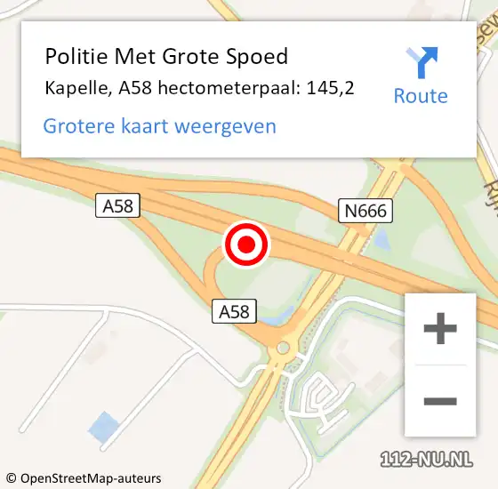 Locatie op kaart van de 112 melding: Politie Met Grote Spoed Naar Kapelle, A58 hectometerpaal: 145,2 op 12 december 2024 20:41