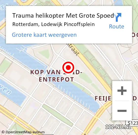 Locatie op kaart van de 112 melding: Trauma helikopter Met Grote Spoed Naar Rotterdam, Lodewijk Pincoffsplein op 12 december 2024 21:17