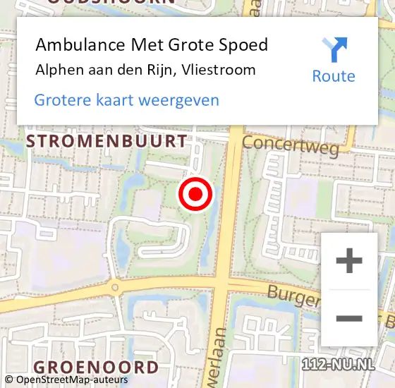 Locatie op kaart van de 112 melding: Ambulance Met Grote Spoed Naar Alphen aan den Rijn, Vliestroom op 13 december 2024 00:57