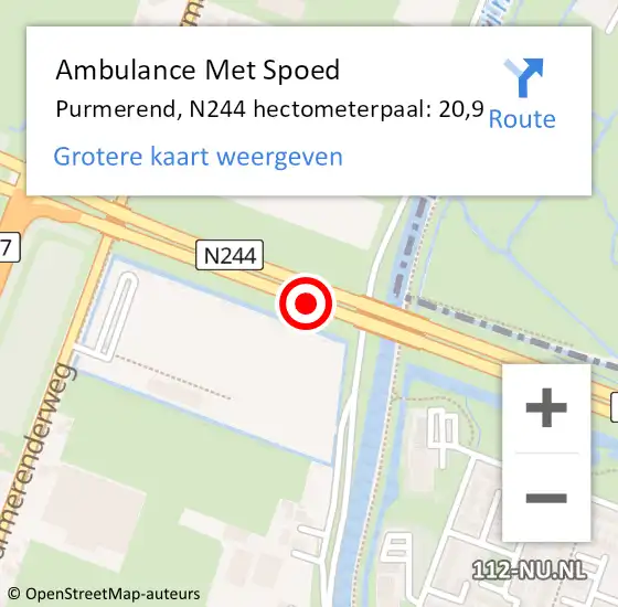 Locatie op kaart van de 112 melding: Ambulance Met Spoed Naar Purmerend, N244 hectometerpaal: 20,9 op 13 december 2024 06:51