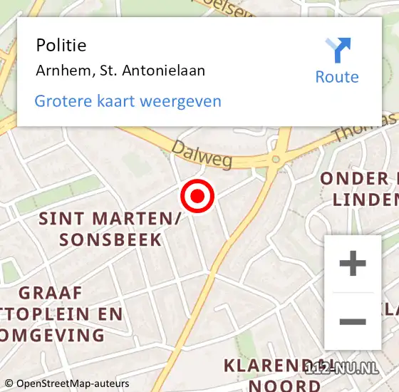 Locatie op kaart van de 112 melding: Politie Arnhem, St. Antonielaan op 13 december 2024 14:28