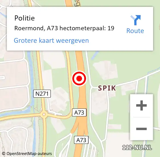 Locatie op kaart van de 112 melding: Politie Roermond, A73 hectometerpaal: 19 op 13 december 2024 15:24