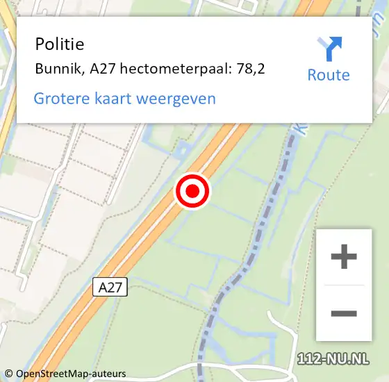 Locatie op kaart van de 112 melding: Politie Bunnik, A27 hectometerpaal: 78,2 op 13 december 2024 17:41