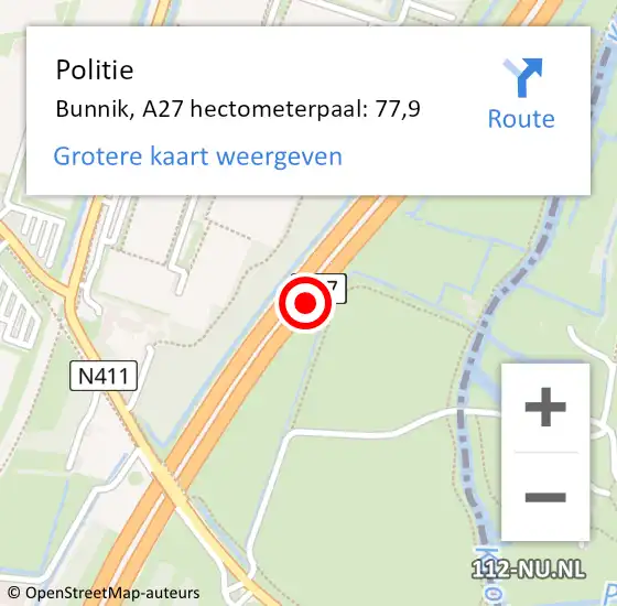 Locatie op kaart van de 112 melding: Politie Bunnik, A27 hectometerpaal: 77,9 op 13 december 2024 17:41