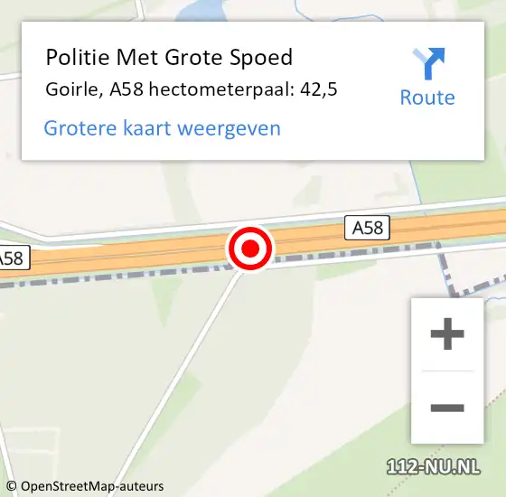 Locatie op kaart van de 112 melding: Politie Met Grote Spoed Naar Goirle, A58 hectometerpaal: 42,5 op 14 december 2024 01:19