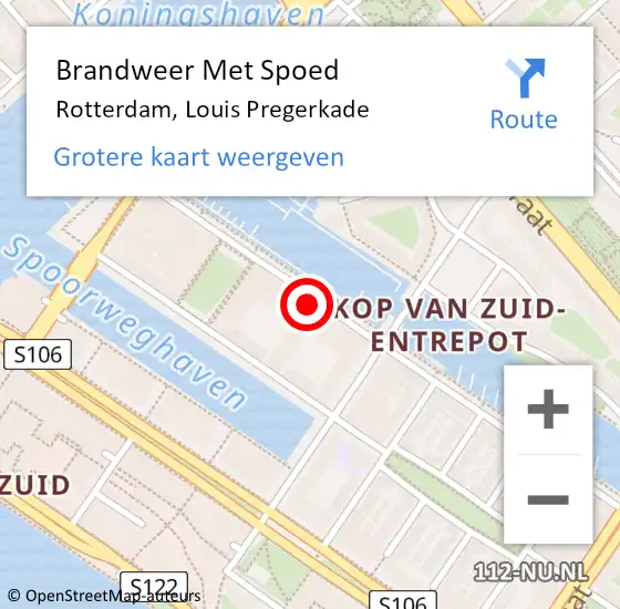 Locatie op kaart van de 112 melding: Brandweer Met Spoed Naar Rotterdam, Louis Pregerkade op 14 december 2024 02:28