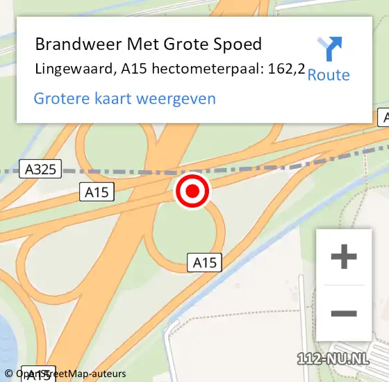 Locatie op kaart van de 112 melding: Brandweer Met Grote Spoed Naar Lingewaard, A15 hectometerpaal: 162,2 op 14 december 2024 05:51