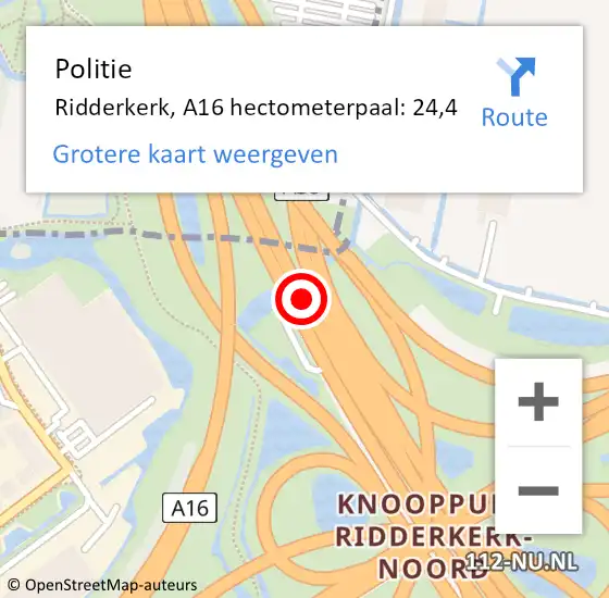 Locatie op kaart van de 112 melding: Politie Ridderkerk, A16 hectometerpaal: 24,4 op 14 december 2024 09:46