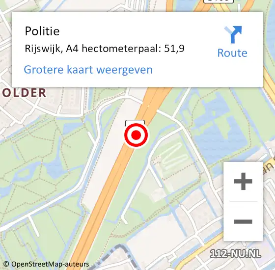 Locatie op kaart van de 112 melding: Politie Rijswijk, A4 hectometerpaal: 51,9 op 14 december 2024 13:56