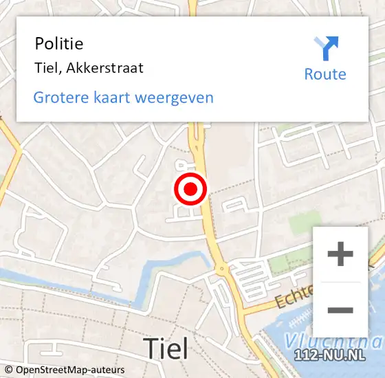 Locatie op kaart van de 112 melding: Politie Tiel, Akkerstraat op 14 december 2024 17:13