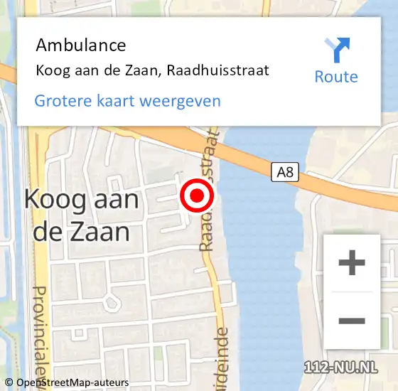 Locatie op kaart van de 112 melding: Ambulance Koog aan de Zaan, Raadhuisstraat op 14 december 2024 17:50