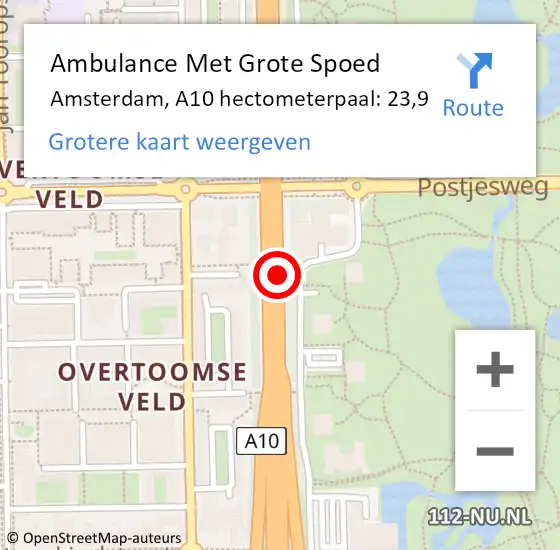 Locatie op kaart van de 112 melding: Ambulance Met Grote Spoed Naar Amsterdam, A10 hectometerpaal: 23,9 op 14 december 2024 20:40