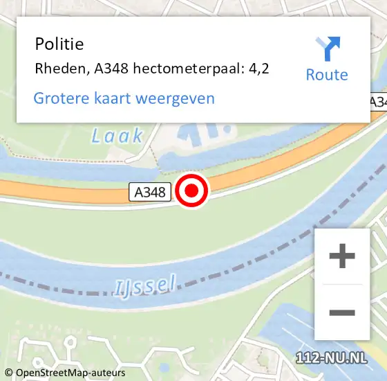 Locatie op kaart van de 112 melding: Politie Rheden, A348 hectometerpaal: 4,2 op 14 december 2024 22:12