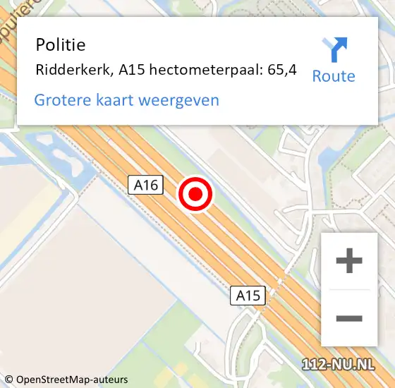 Locatie op kaart van de 112 melding: Politie Ridderkerk, A15 hectometerpaal: 65,4 op 15 december 2024 00:12