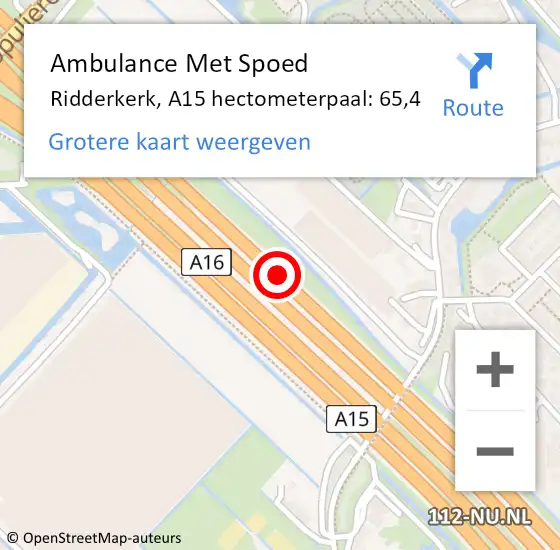 Locatie op kaart van de 112 melding: Ambulance Met Spoed Naar Ridderkerk, A15 hectometerpaal: 65,4 op 15 december 2024 00:12