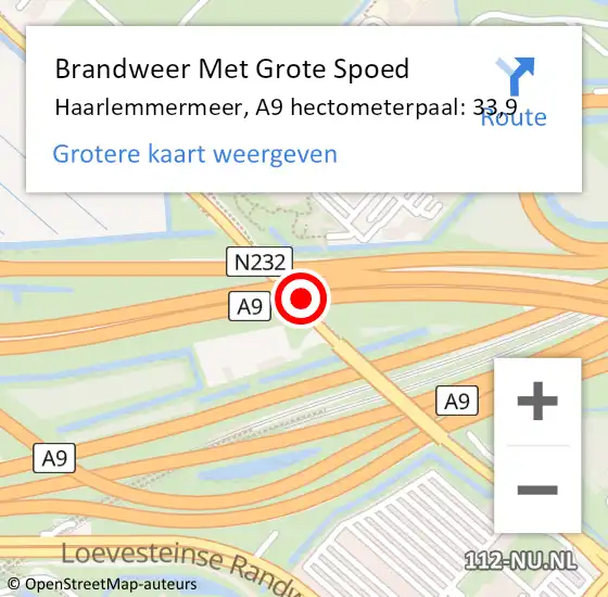 Locatie op kaart van de 112 melding: Brandweer Met Grote Spoed Naar Haarlemmermeer, A9 hectometerpaal: 33,9 op 15 december 2024 01:19