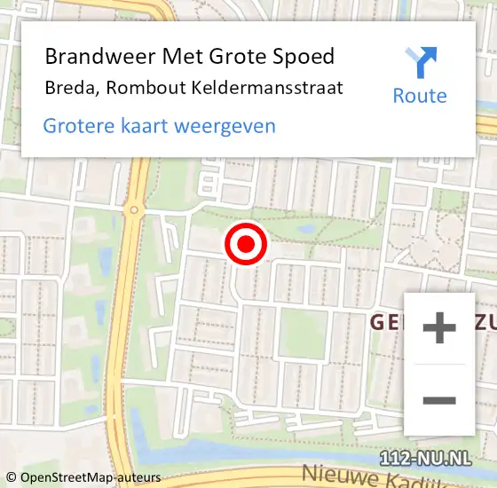 Locatie op kaart van de 112 melding: Brandweer Met Grote Spoed Naar Breda, Rombout Keldermansstraat op 15 december 2024 04:00